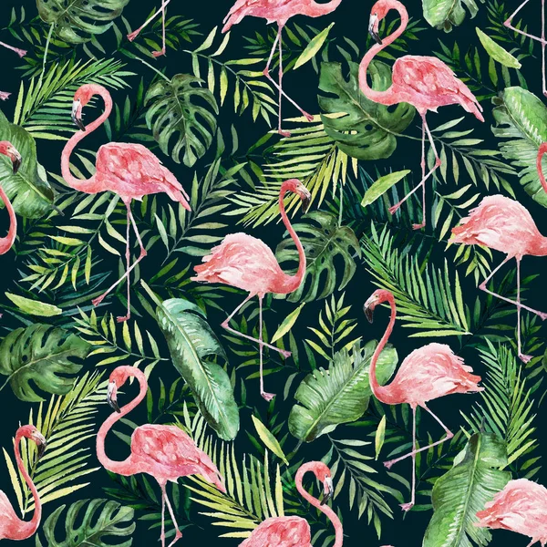 Green palm leaves and flamingo on the black background. Watercolor hand painted seamless pattern. Tropical illustration. Jungle foliage.