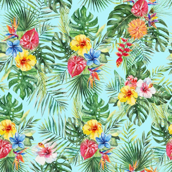 Green palm leaves, colorful flowers on the blue background. Watercolor hand painted seamless pattern. Tropical illustration. Jungle foliage.
