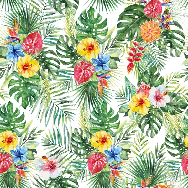 Green palm leaves, colorful flowers on the white background. Watercolor hand painted seamless pattern. Tropical illustration. Jungle foliage.