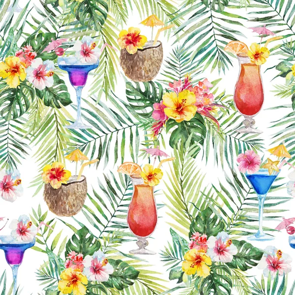 Green palm leaves, colorful flowers, bright cocktails and coconut beverages on the white background. Watercolor hand painted seamless pattern. Tropical illustration. Jungle summer foliage.