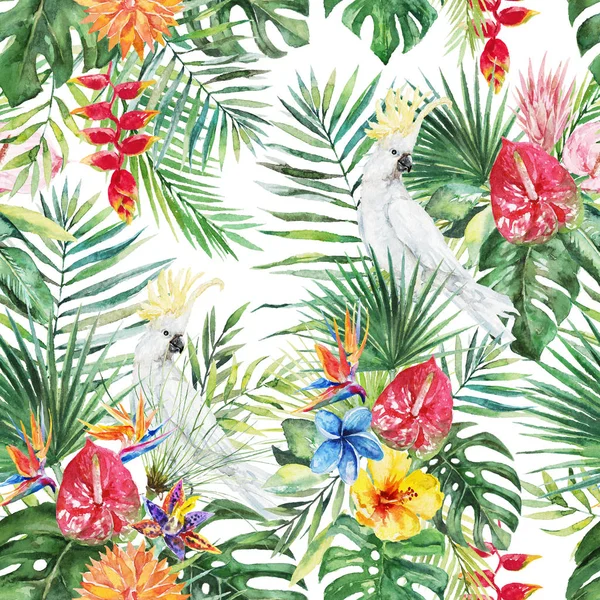 Green palm leaves, white cockatoo bird, colorful flowers on the white background. Watercolor hand painted seamless pattern. Tropical illustration. Jungle foliage.