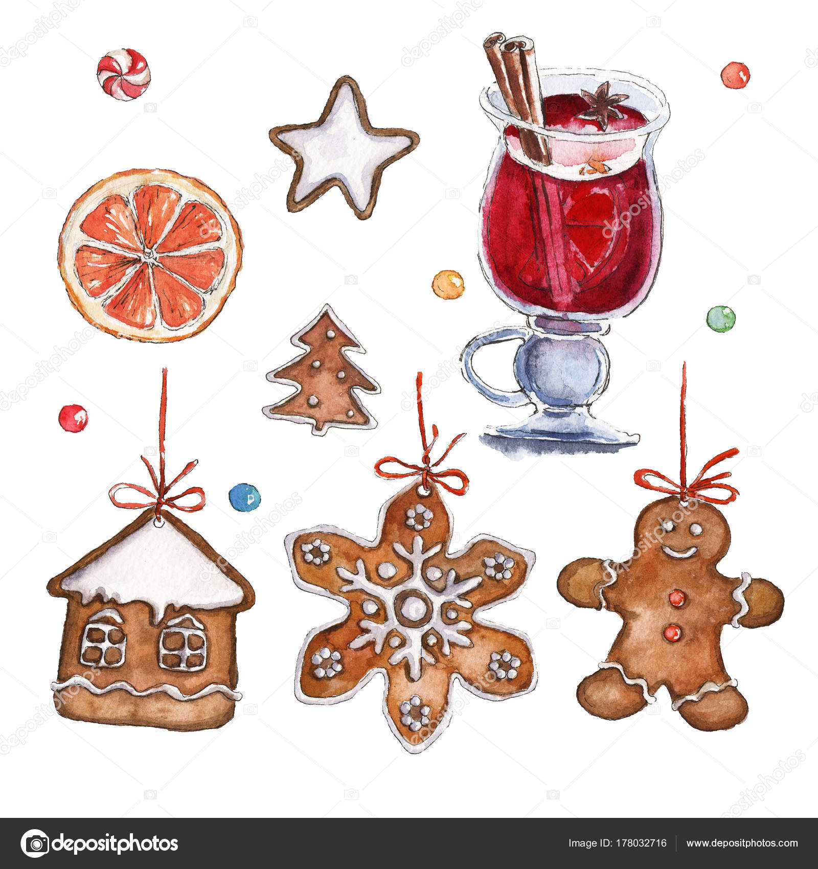 グリュー ワイン ジンジャー クッキー キャンディー オレンジ スライスと水彩のクリスマス イラスト クリスマス カード ストック写真 C Veris Studio