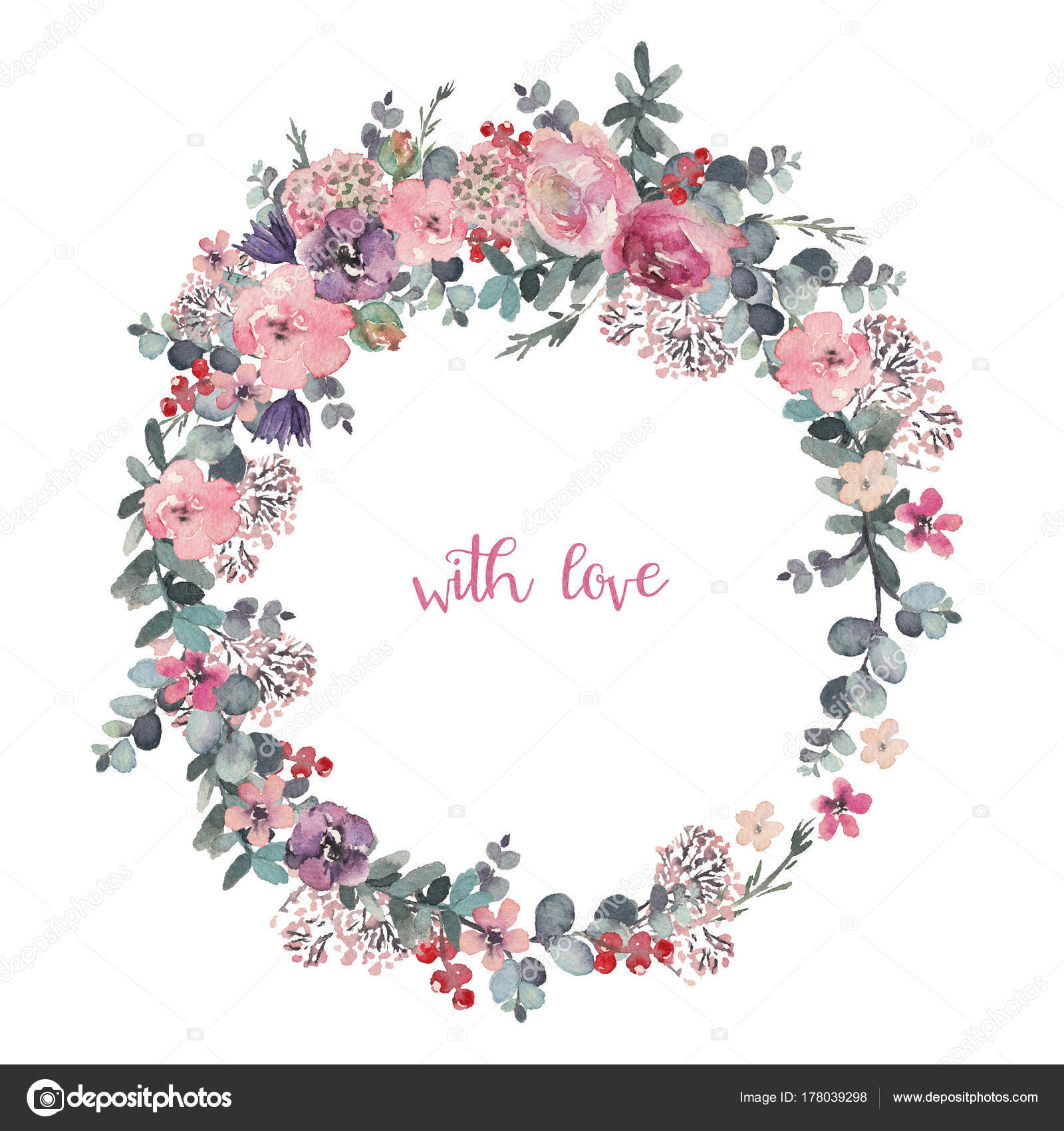 Watercolor Floral Illustration Flower Wreath Wedding Anniversary Birthday Etc Invitations Stock Photo C Veris Studio