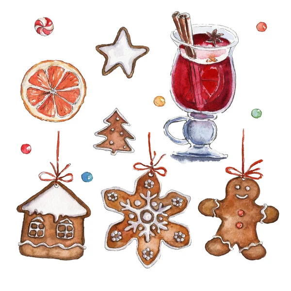 Watercolor Christmas illustration with mulled wine, ginger cookies, candies, orange slice. Christmas cards. Winter design. Merry Christmas!