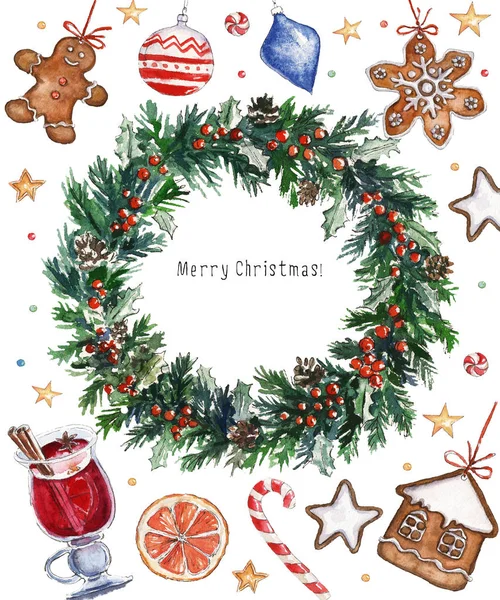 Watercolor Christmas illustration with Christmas wreath, ginger cookies, candies, mulled wine, orange slice and holiday decorations. Christmas cards. Winter design. Merry Christmas!