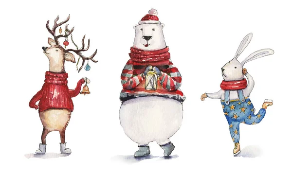 Watercolor Christmas illustration with hare, holiday deer and colorful bear. Christmas cards. Winter design. Merry Christmas! — Stock Image Watercolor Christmas Illustration Hare Holiday Deer Colorful Bear Christmas Cards Stock Picture