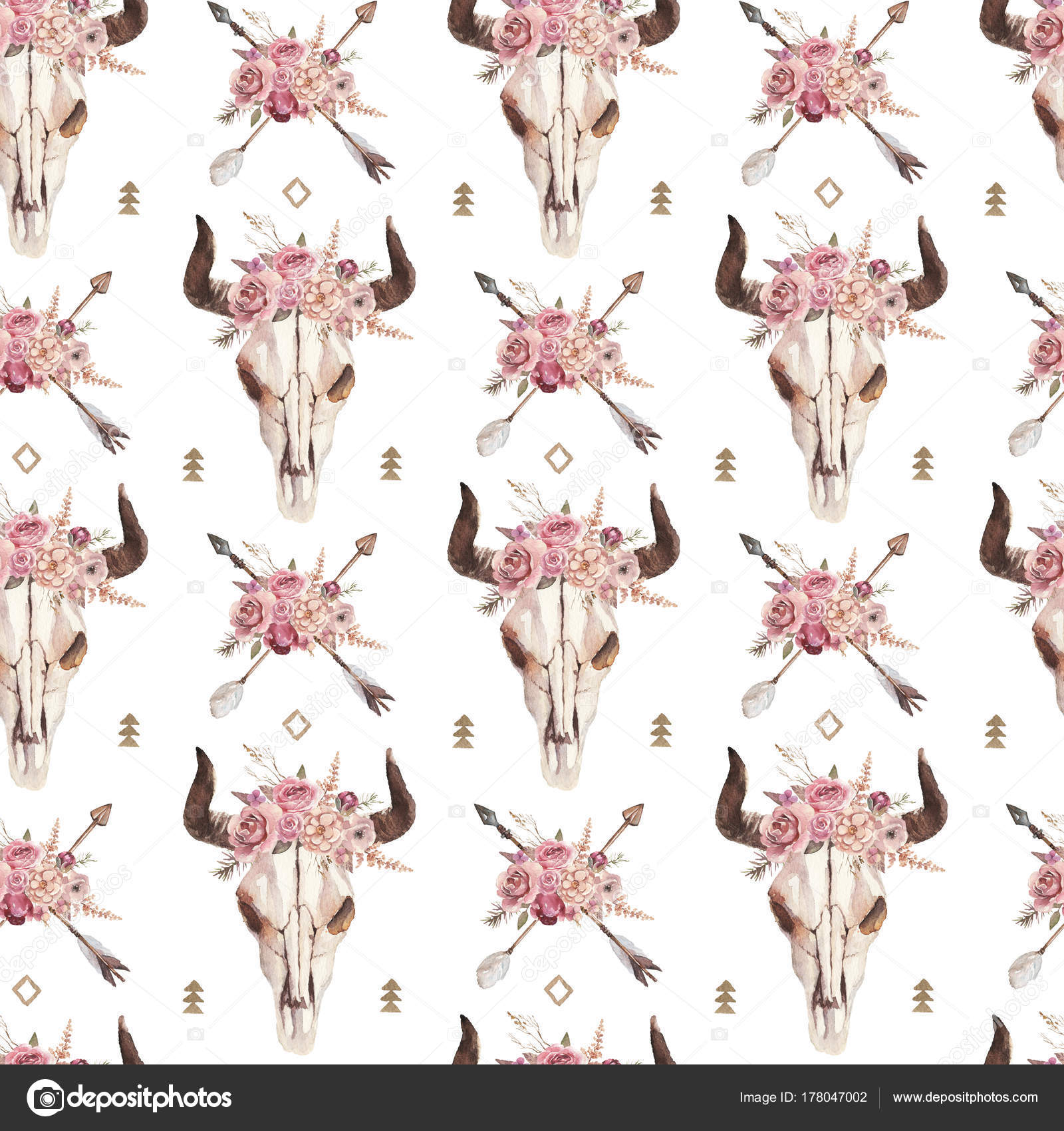 Watercolor Boho Seamless Pattern Arrows Bull Skull Horns Floral 