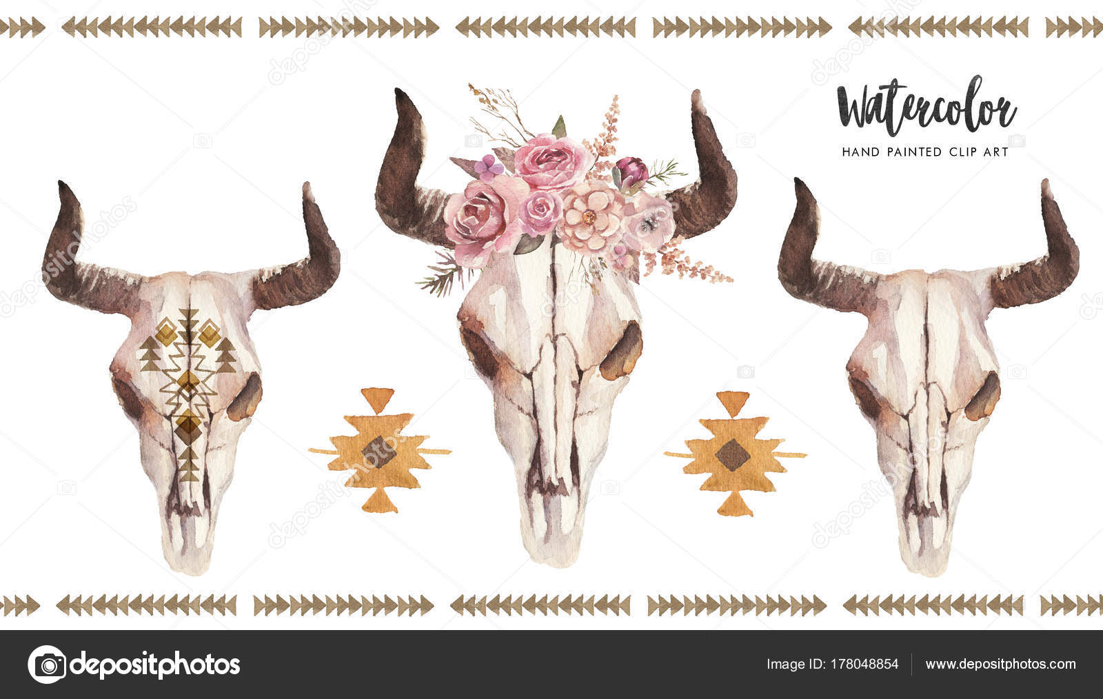 Rute at fortsætte Kirsebær Watercolor Boho Floral Illustration Set Bull Cow Skulls Horns Flower Stock  Photo by ©Veris Studio 178048854