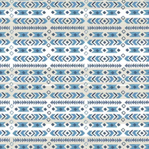 Watercolor blue ethnic boho seamless pattern of ornament, tribal sign on white-beige background, native american decoration print element, bohemian navajo illustration, Indian, Peru, Aztec wrapping.