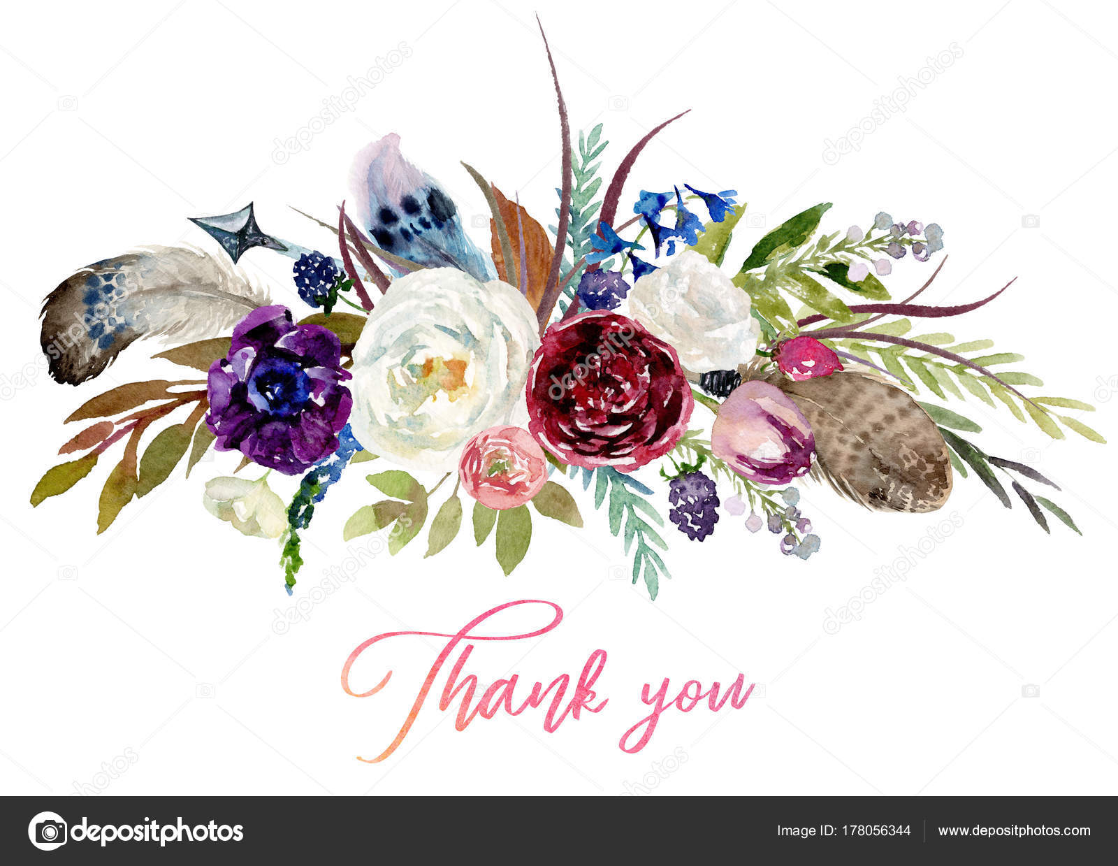 Aquarelle Boho Floral Bouquet Arrangement Avec Flèche Plume