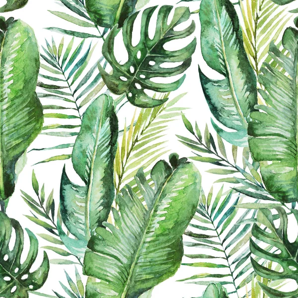 Green tropical palm & fern leaves on white background. Watercolor hand painted seamless pattern. Tropical illustration. Jungle foliage.