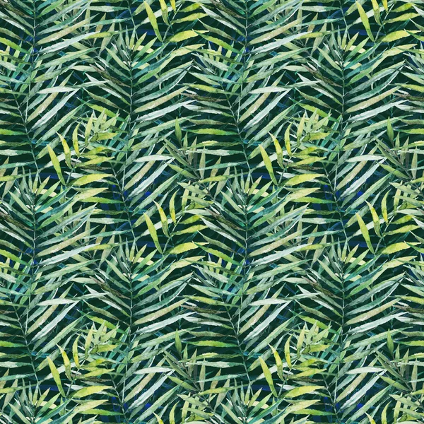 Green tropical palm & fern leaves on black background. Watercolor hand painted seamless pattern. Tropical illustration. Jungle foliage.