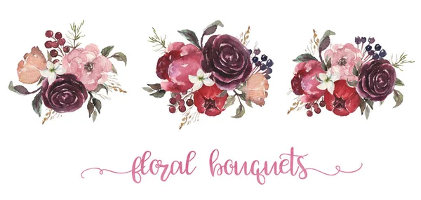 Watercolor floral illustration - three beige, burgundy, pink flower bouquets with beige, pink, burgundy, peonies, roses for wedding, anniversary, birthday, etc. invitations. — Stock Image Watercolor Floral Illustration Three Beige Burgundy Pink Flower Bouquets Beige Stock Picture