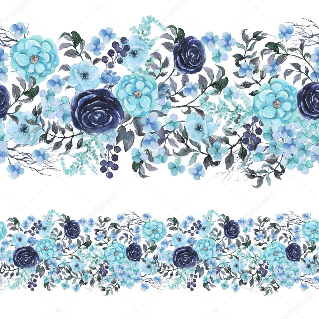Watercolor Floral Seamless Pattern Border Frame Sky Blue ...