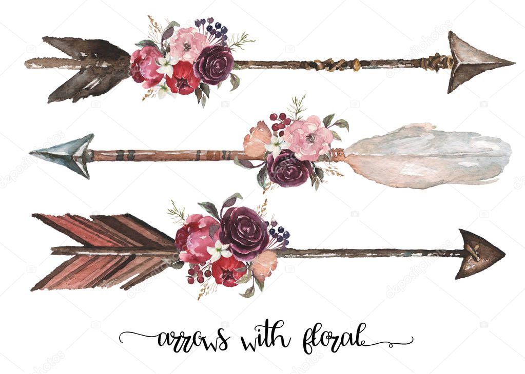 Download Watercolor Ethnic Boho Set Arrows Feathers Flowers Native ...