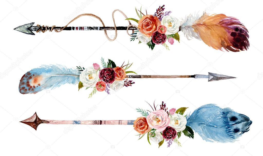 Download Watercolor Ethnic Boho Set Arrows Feathers Flowers Native ...