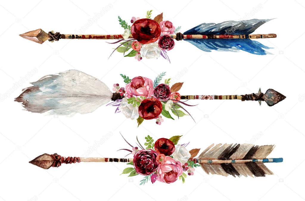 Download Watercolor Ethnic Boho Set Arrows Feathers Flowers Native ...