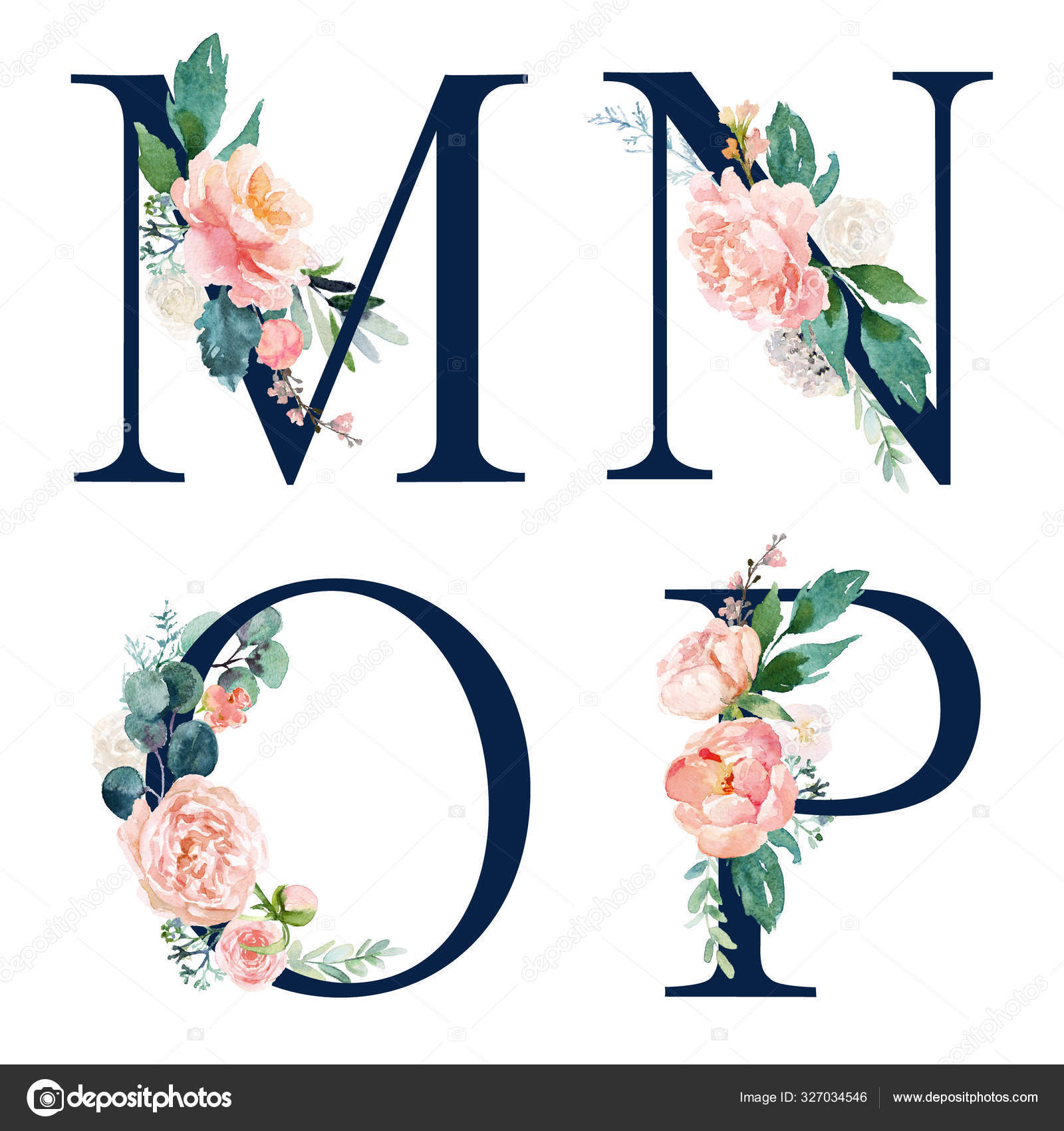 Floral Alphabet Set Set Of Navy Letters M N O P With Flower Stock Photo By C Veris Studio 327034546