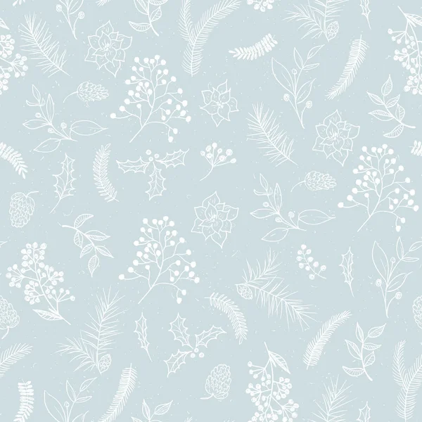 Seamless floral Christmas pattern with white tree branches, fir