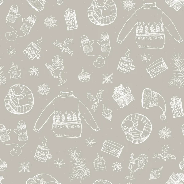 Seamless Christmas pattern with white sweaters, cat, gifts, mull