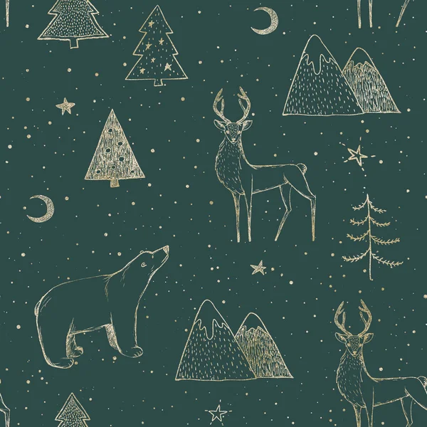Seamless Christmas pattern with gold bear, reindeer / deer, moun