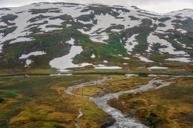 Norveç, yeşil tepeler ve dağ toplayan güzel manzara ve sahne görünümünü kısmen karla kaplı