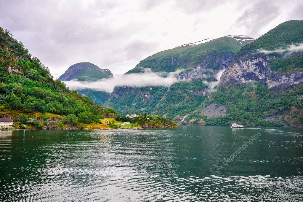 Beautiful landscape and scenery view of fjord in a cloudy day, Norway