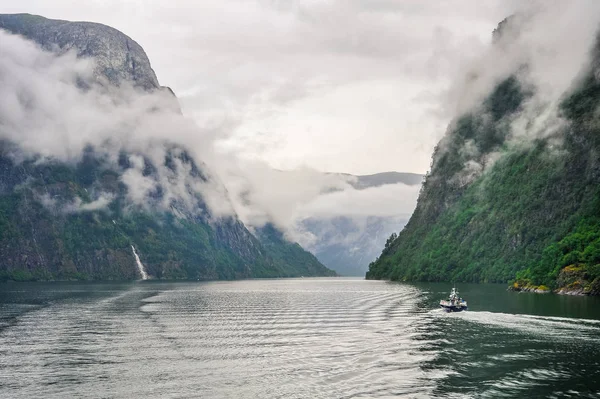 Bela paisagem e vista panorâmica do fiorde em um dia nublado, Noruega — Fotografia de Stock