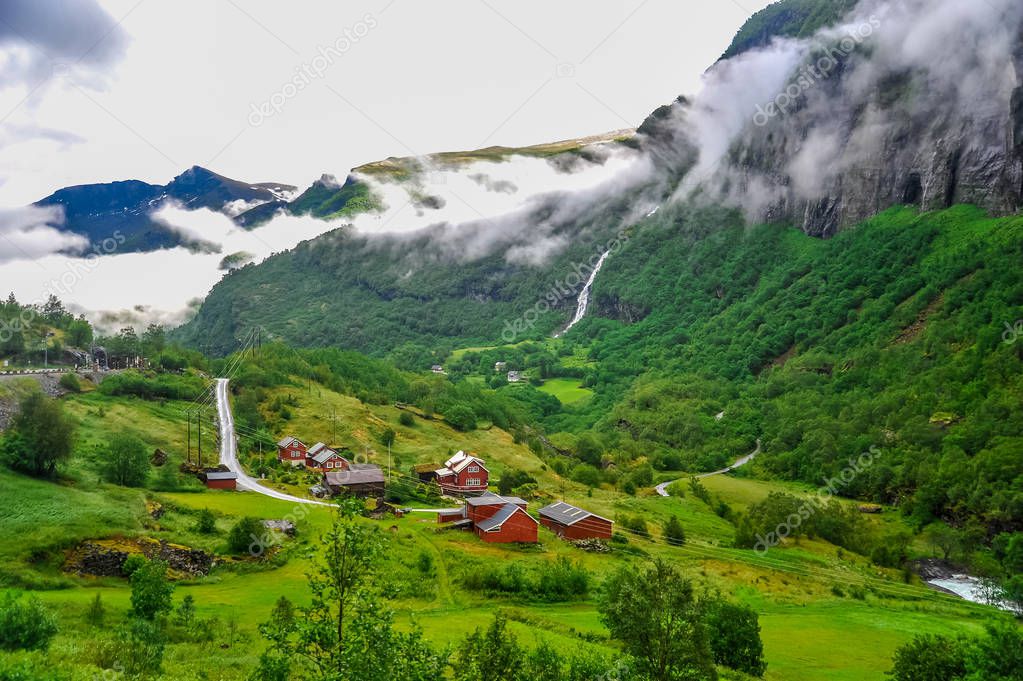 Beautiful landscape and scenery view of Norway, green scenery of hills and mountain in a cloudy day
