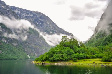 Bulutlu bir günde, Norveç Fiyordu güzel manzara ve sahne görünümü