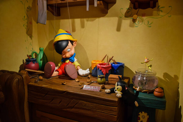 TOKYO, JAPAN: Geppetto's house with Pinocchio on the table setup in Disneystore located at Shibuya, Tokyo