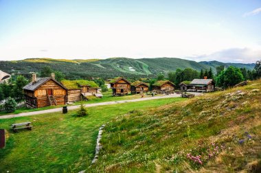 Geilo, Norveç: Vadinin ortasında çatıda çim ile eski geleneksel çerçeve evler, Geilo, Norveç
