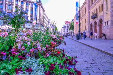 Oslo, Norveç: Karl Johans Gate, ünlü caddesi Oslo güzel çiçek dekorasyon