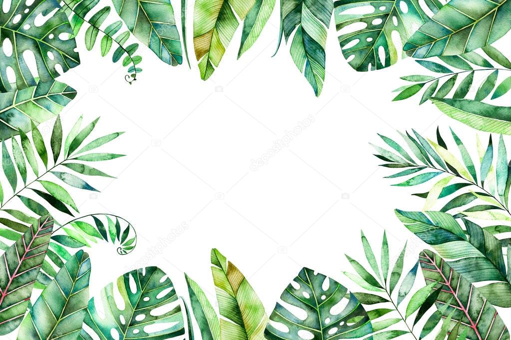 Colorful watercolor frame border with colorful tropical leaves. Tropical forest collection.Perfect for wedding,frame,quotes,pattern,greeting card,logo,invitations,lettering etc