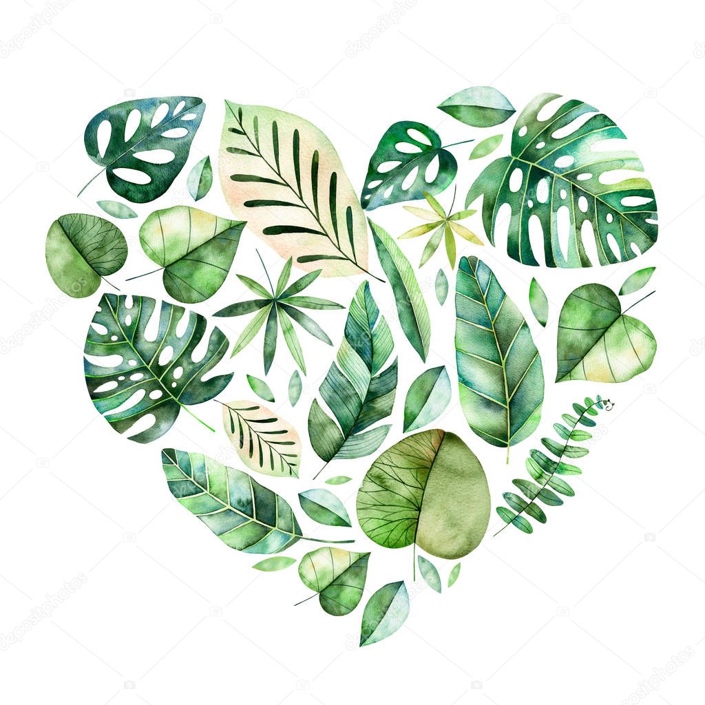 Handpainted illustration with colorful tropical leaves.