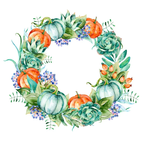 Watercolor pumpkins,leaves in bouquet of flowers circle. — Stock Photo, Image