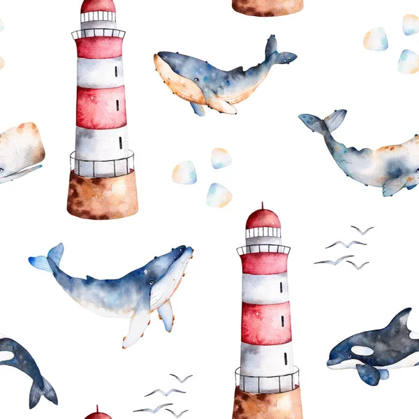 Seamless pattern with watercolor whales — Stock Photo, Image