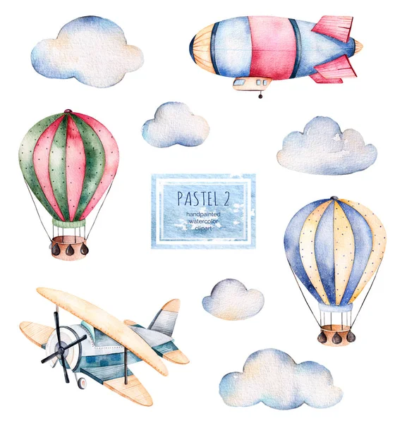 Hava balonları ile suluboya koleksiyonu — Stok fotoğraf