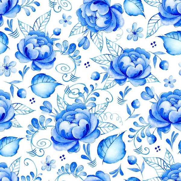 Modrá bílá květinový vzor bezešvé — Stock fotografie