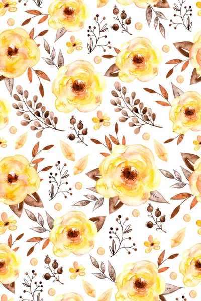 Patroon met gele bloemen en bladeren. — Stockfoto