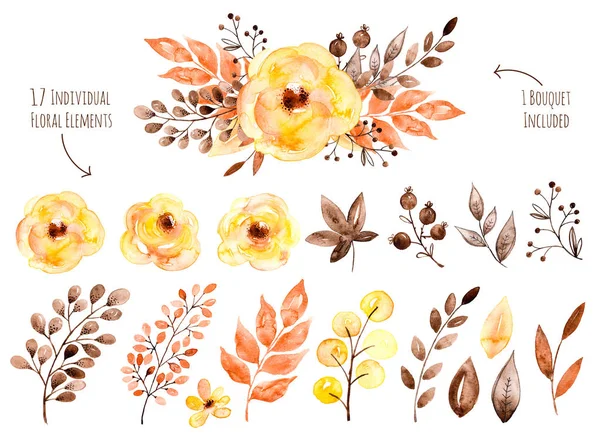 Watercolor set with yellow flowers and leaves.