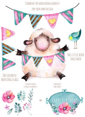Tasarım çiçek, bayraklar, küçük kuş ve kuzu
