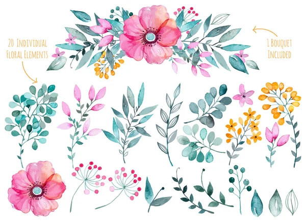 Collectie met bladeren en bloemen — Stockvector