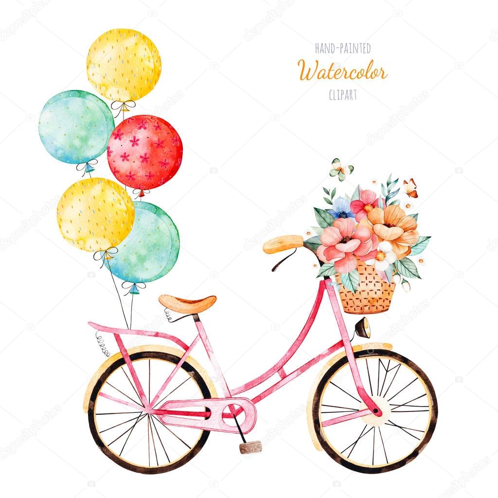 Bike with bouquet in basket and balloons