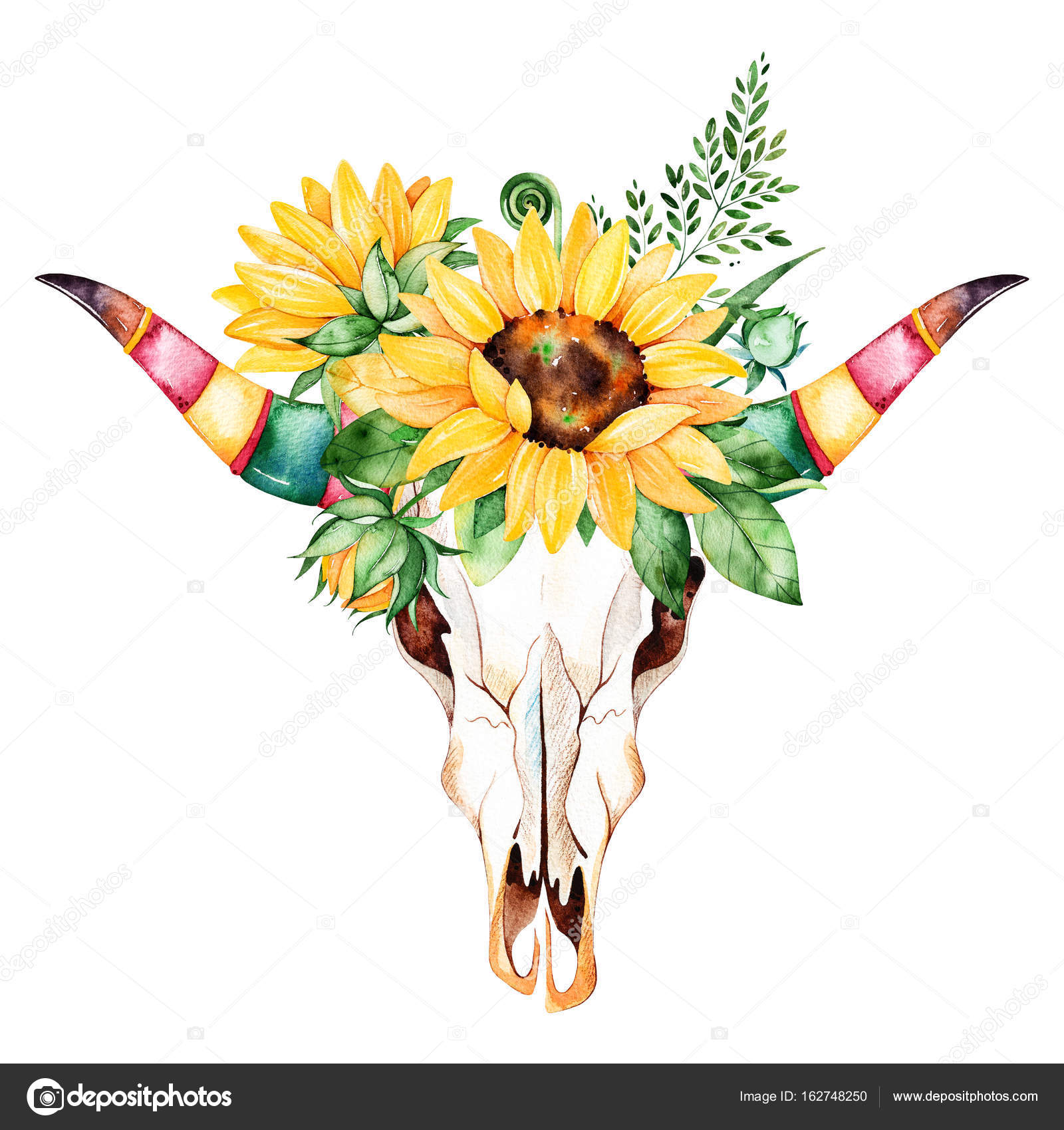Download Watercolor bull skull head with sunflowers — Stock Photo ...