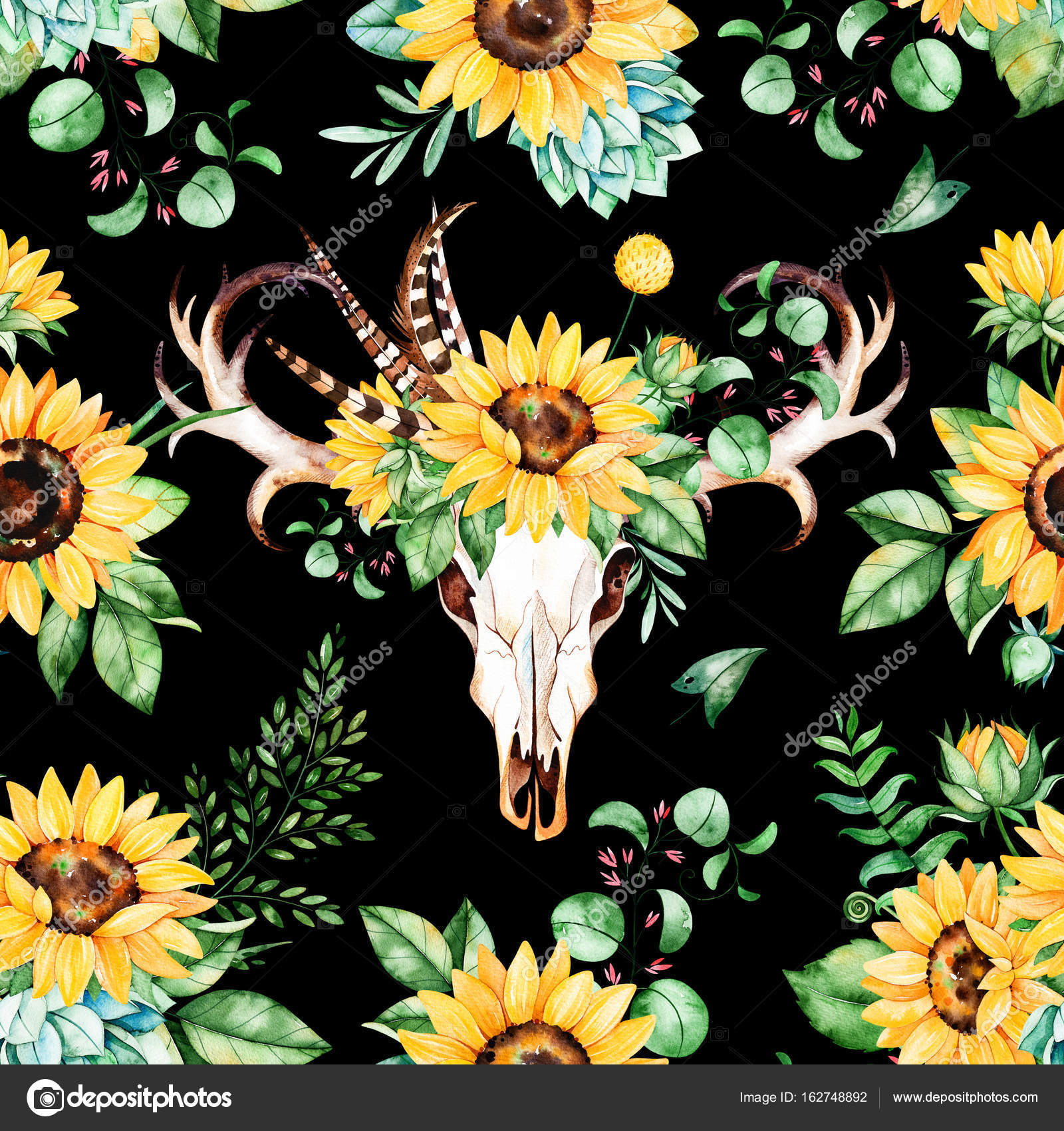Pattern with sunflowers and skull Stock Photo by ©Katerina_Skorik 162748892
