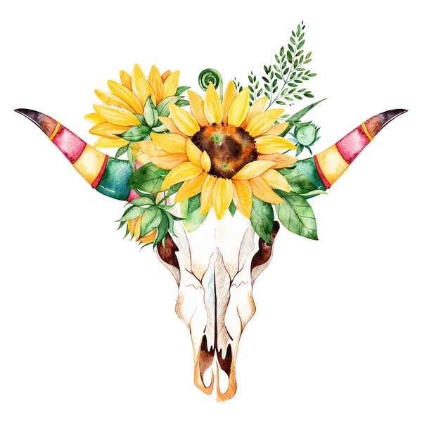 Watercolor bull skull head with sunflowers — Stock Photo, Image