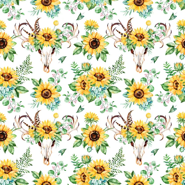Patroon met zonnebloemen en schedel — Stockfoto