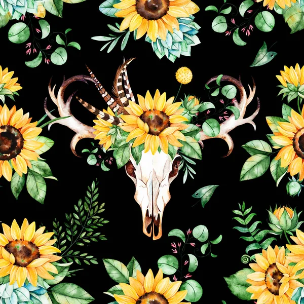 Muster mit Sonnenblumen und Totenkopf — Stockfoto