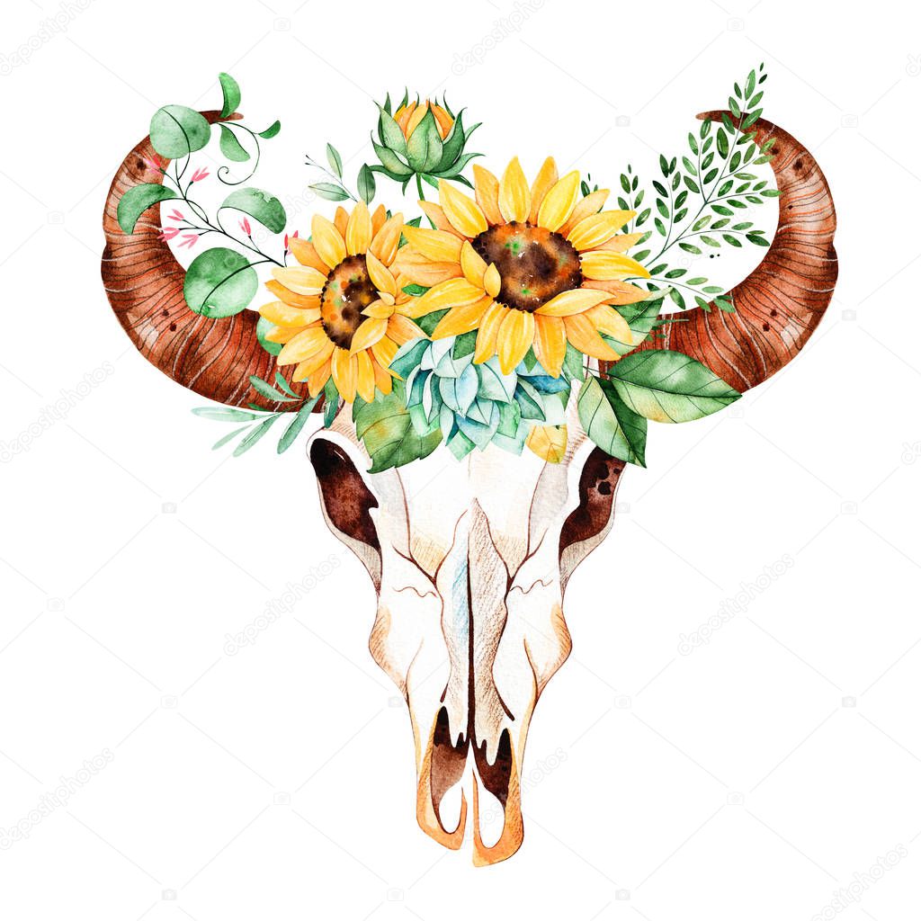 Watercolor bull skull head with sunflowers